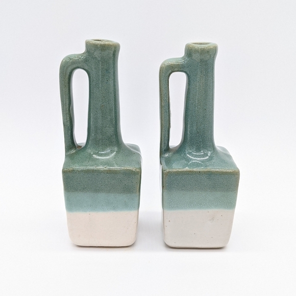 Vintage long neck blue white green ceramic vases with handles - Picture 4 of 8